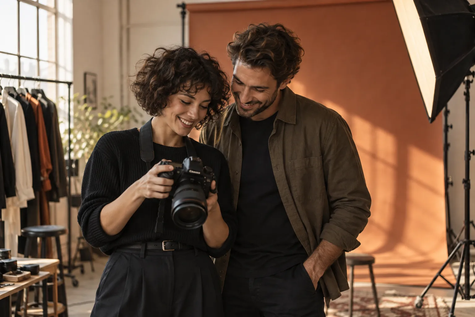 A photographer and creative collaborator reviewing a camera together in a studio