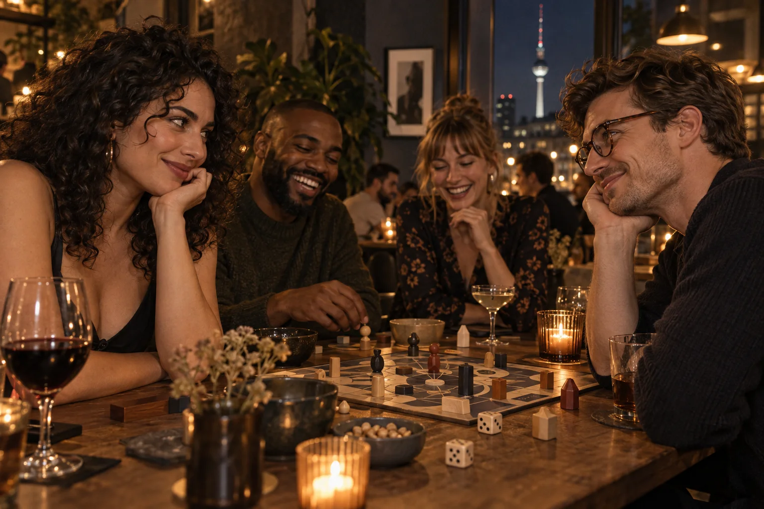 Friends enjoying a playful board-game evening.