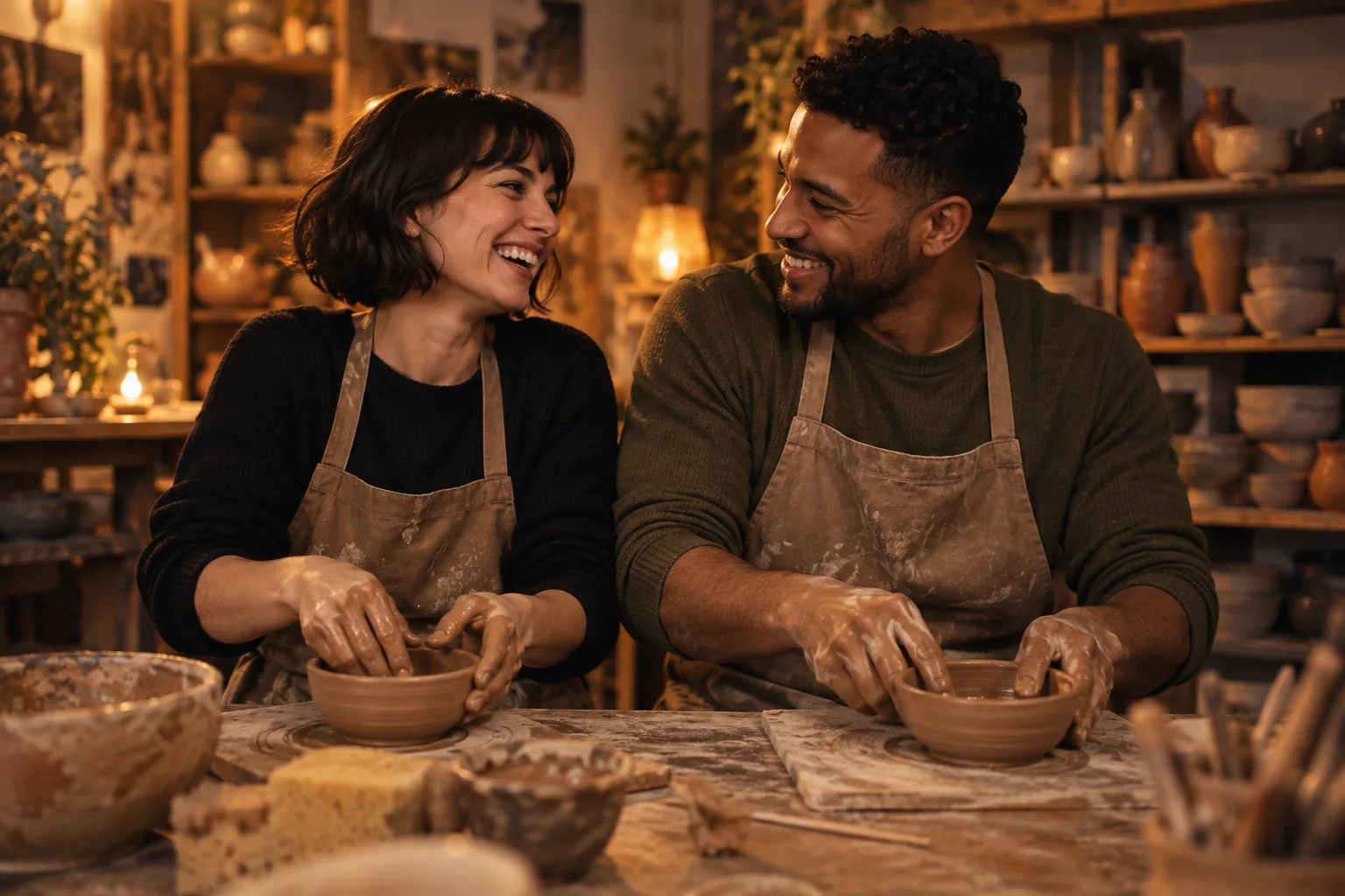 A couple enjoying a pottery workshop together