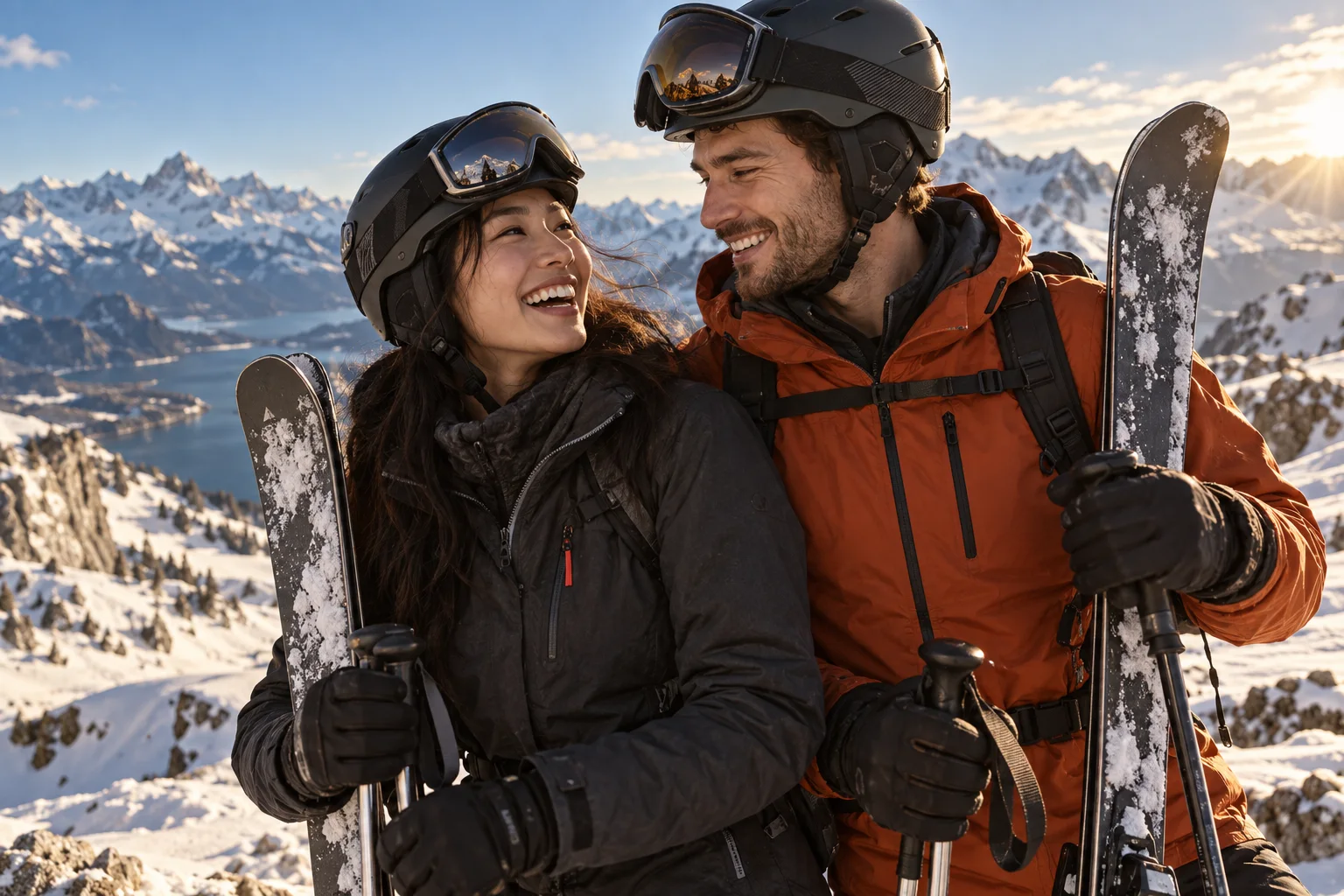 Two skiers sharing a laugh in the Alps.