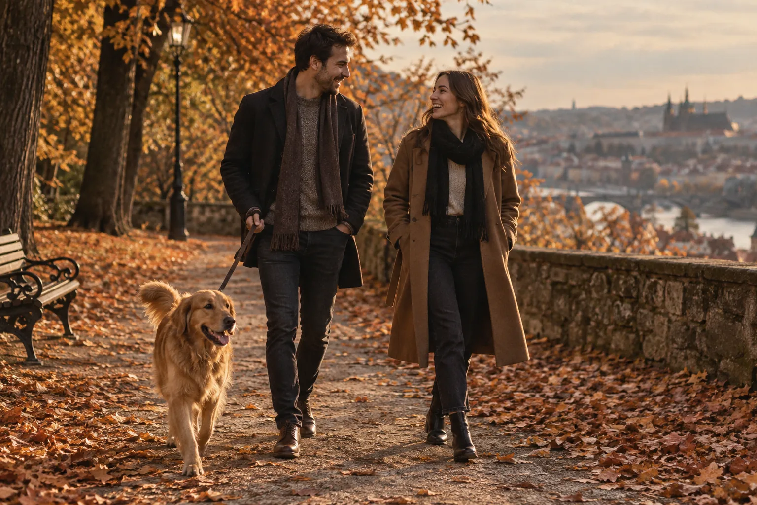 A couple walking a golden retriever together on an autumn park path