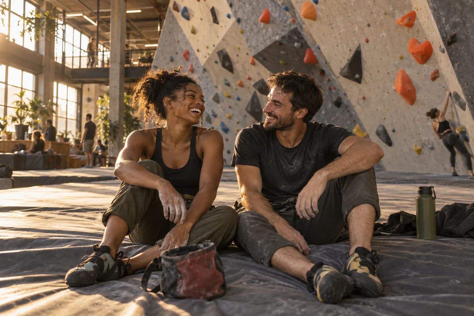 Two climbers sharing a laugh after a bouldering session