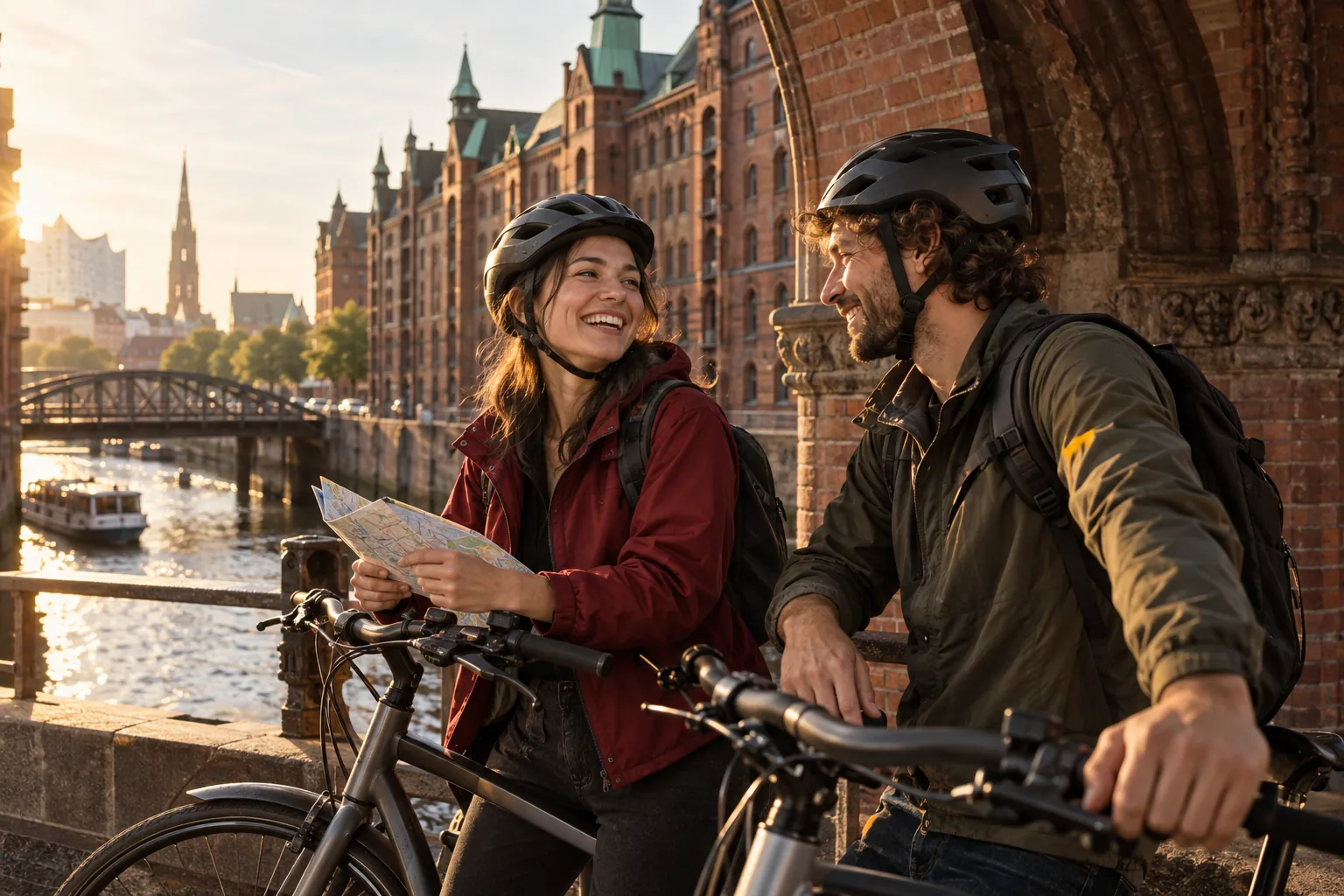 A couple planning their cycle ride beside a Hamburg canal