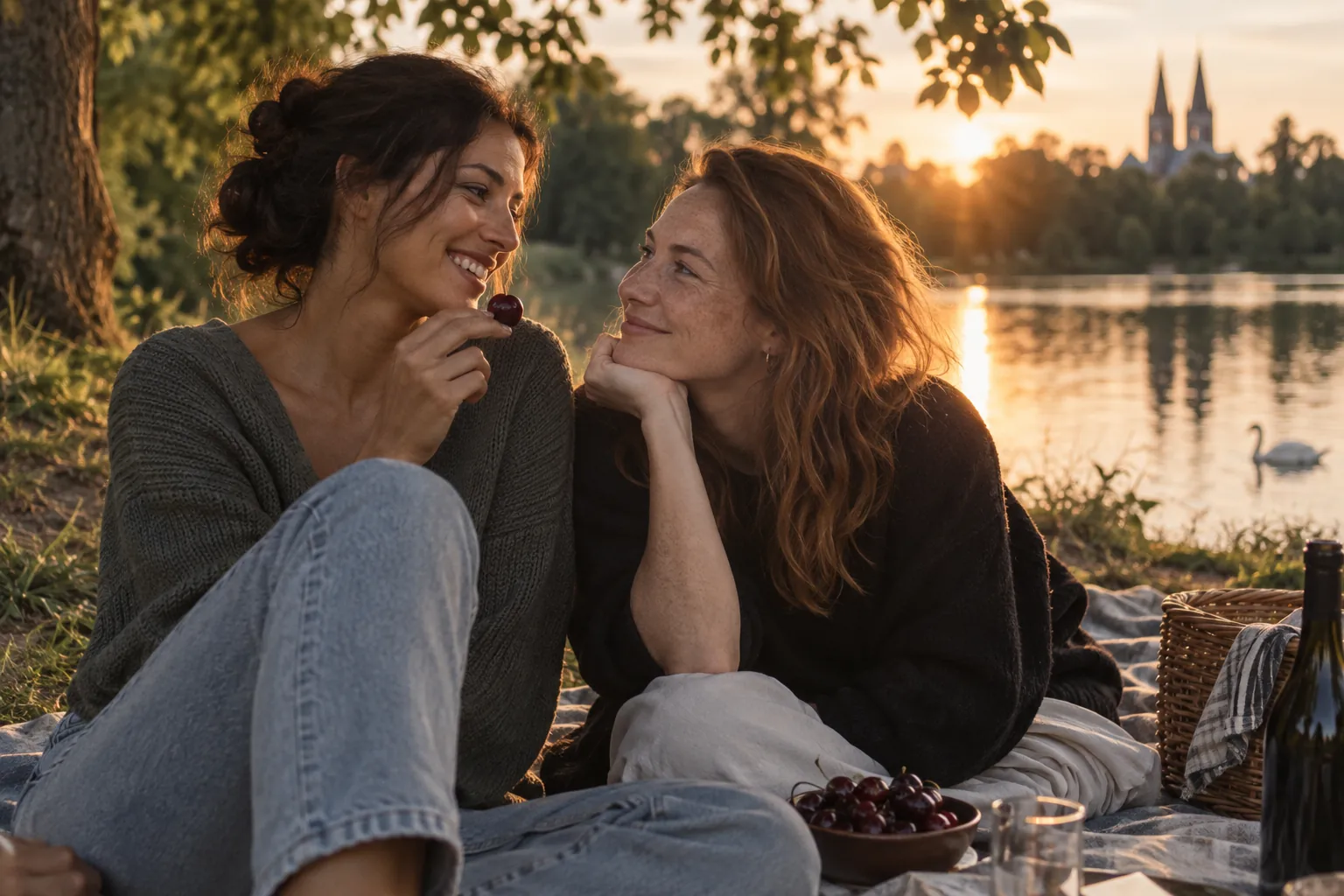 Two women enjoying a lakeside picnic at sunset