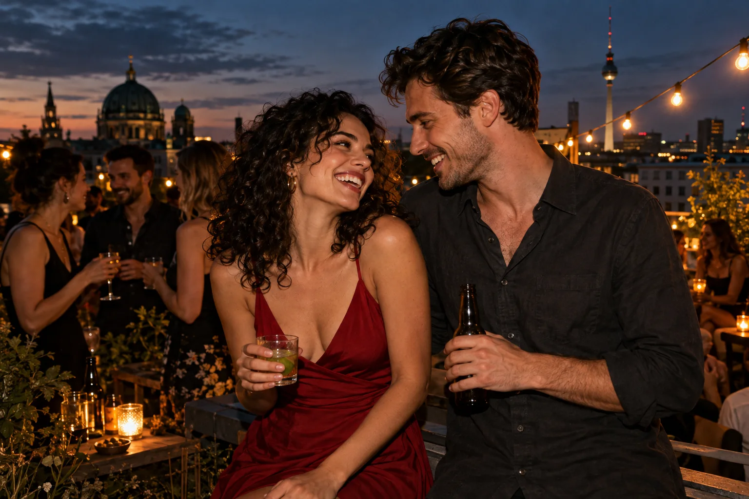 Two adults sharing a flirty laugh at a rooftop gathering at dusk