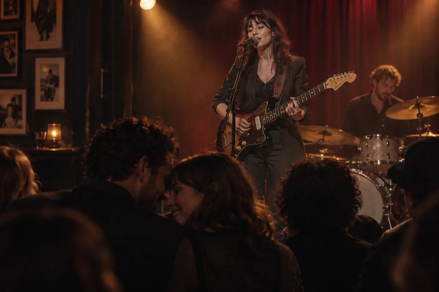 An indie band performing under warm stage lights for a close-knit crowd.