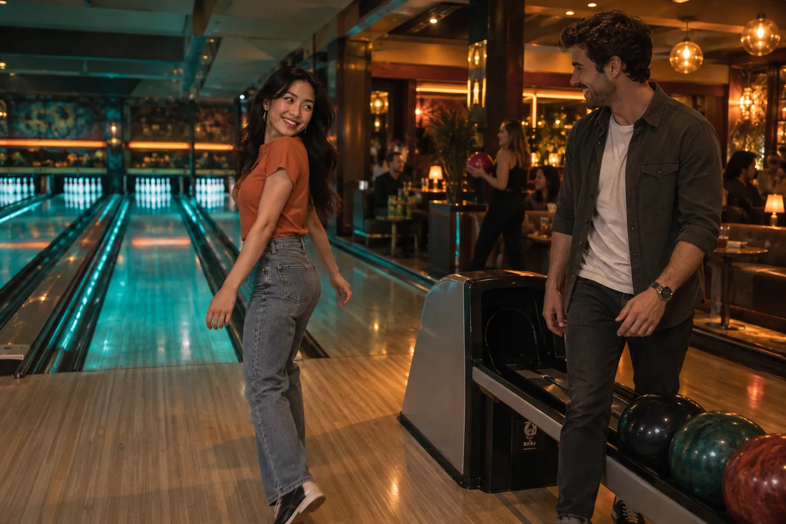 A couple enjoying a playful evening at a bowling alley