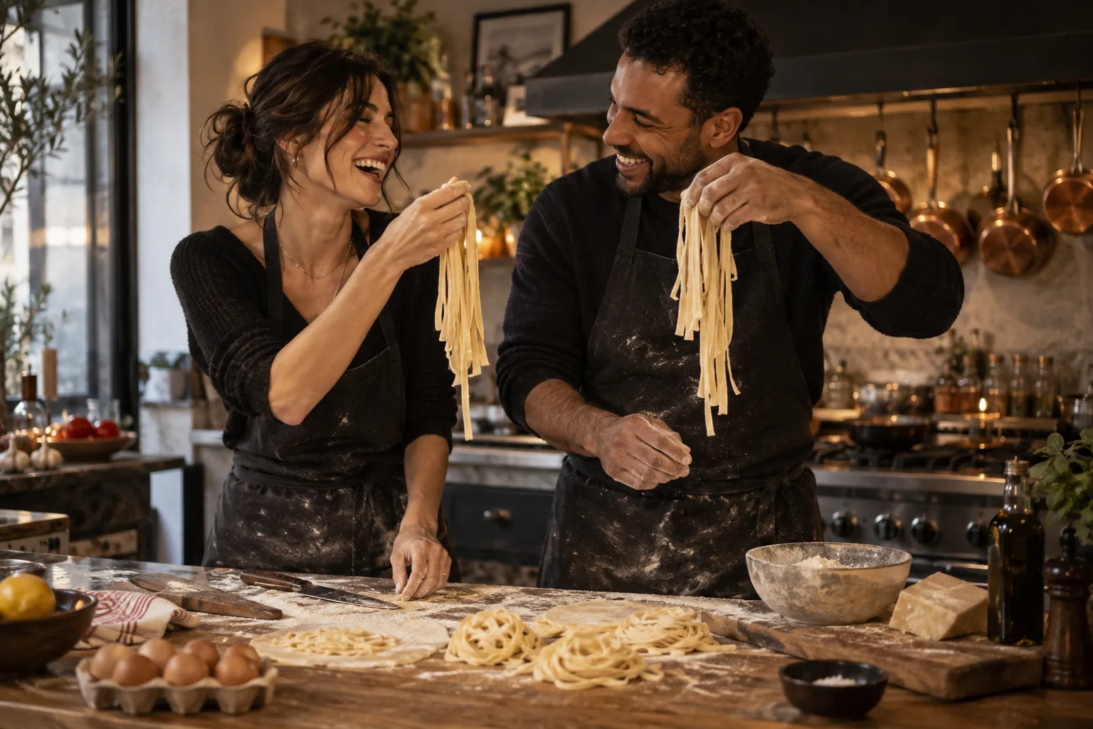 Two people laughing as they make fresh pasta together