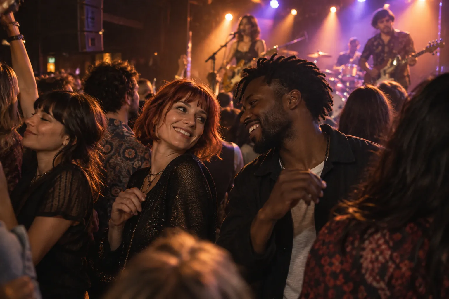 Friends sharing a smile in the crowd at a live music venue